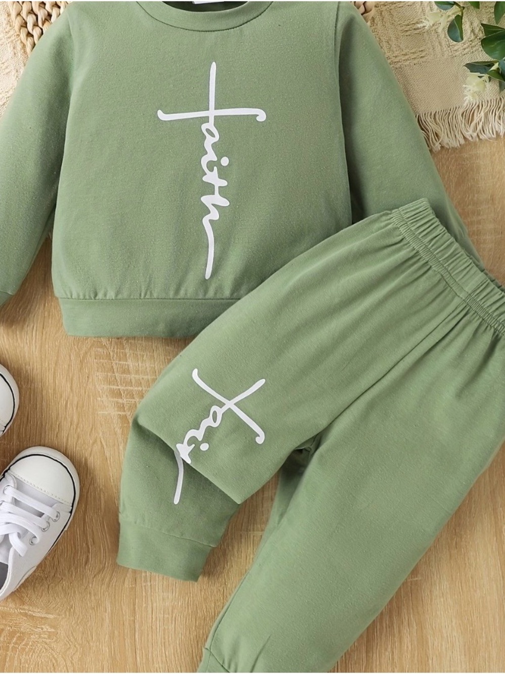 Kids Olive Green Matching Sweatshirt & Jogger Set - Faith Script